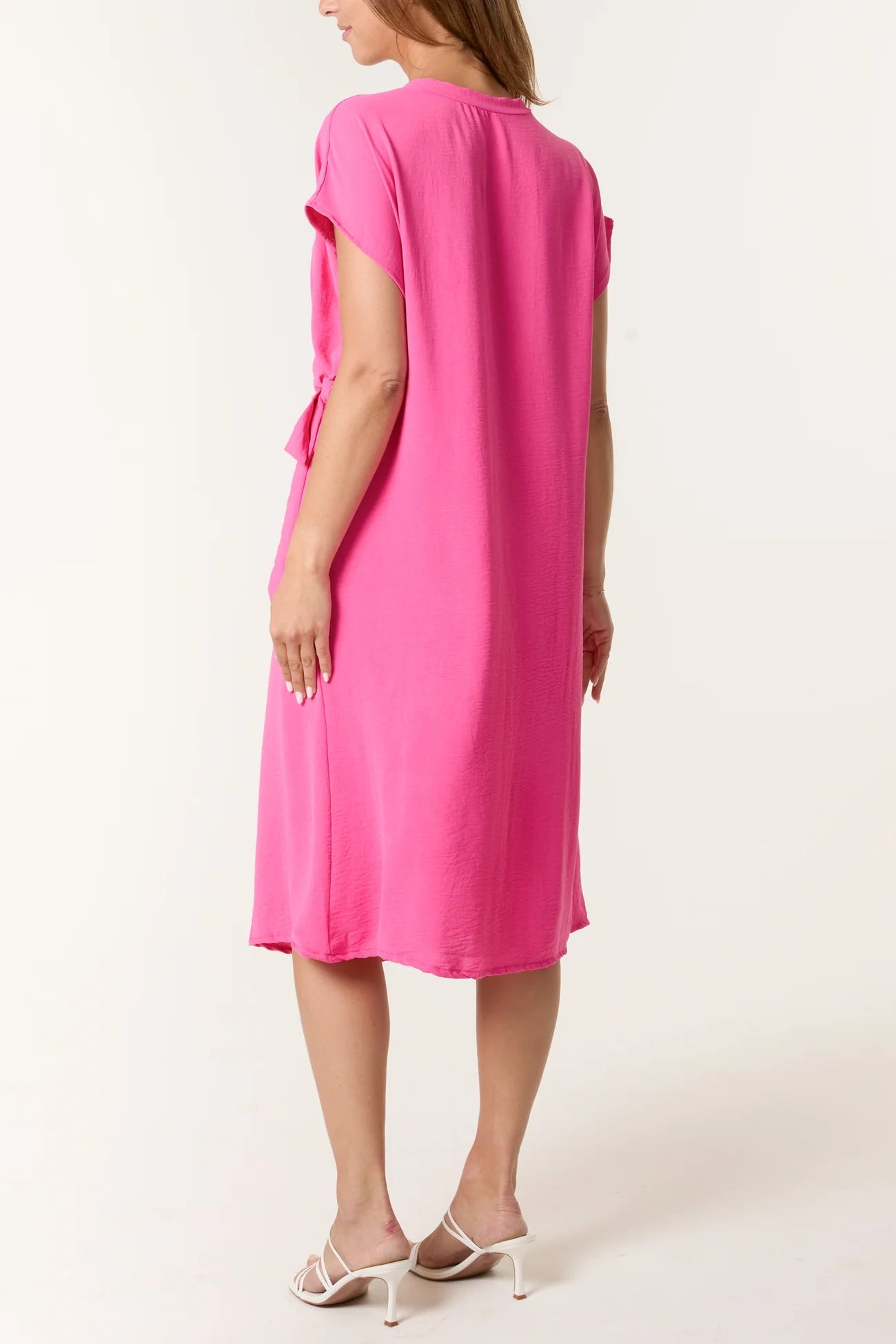 Short Sleeve Tie Front Midi Dress - jameswhite001