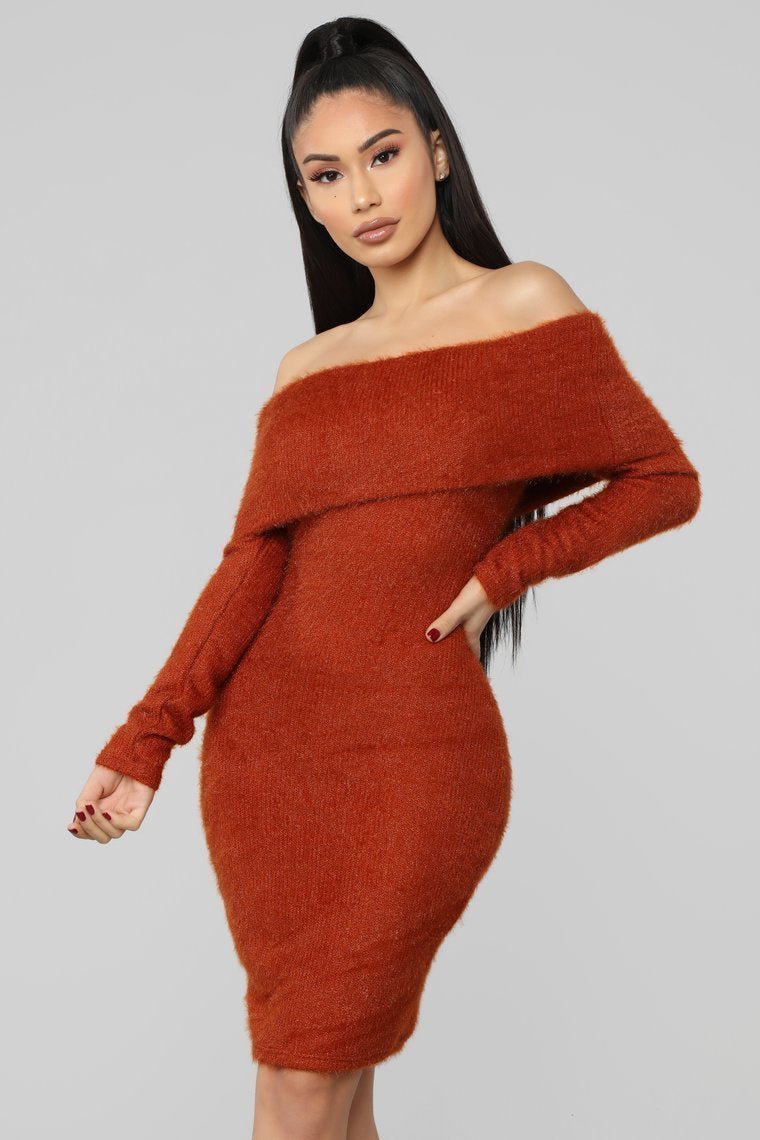 Bear Hugs Sweater Midi Dress - Rust - jameswhite001