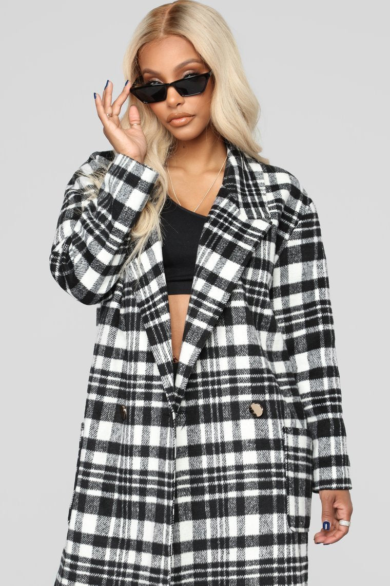 Black & White Plaid Coat - Black/Combo - jameswhite001