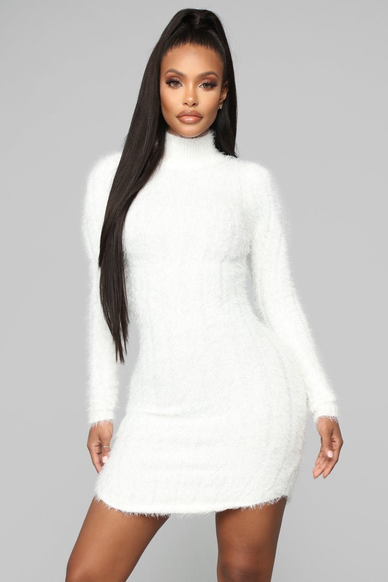 Feel Me Up Fuzzy Sweater Dress - White - jameswhite001