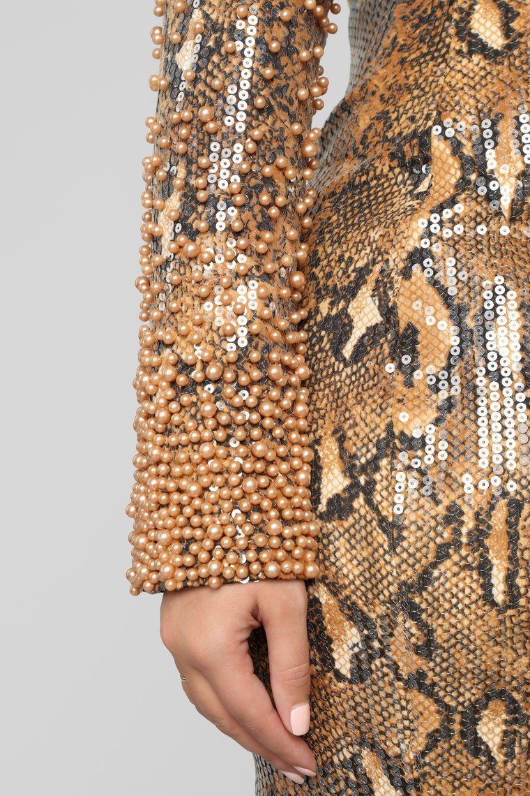 Kill 'Em With Glam Snakeskin Embellished Dress - Brown - jameswhite001