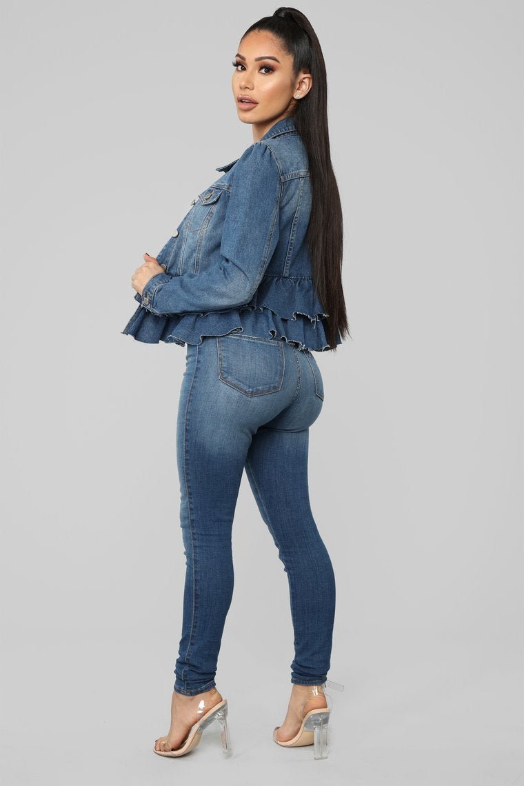 Ruffle Up Denim Jacket - Medium Wash - jameswhite001