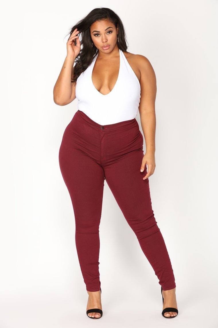 Super High Waist Denim Skinnies - Burgundy - jameswhite001