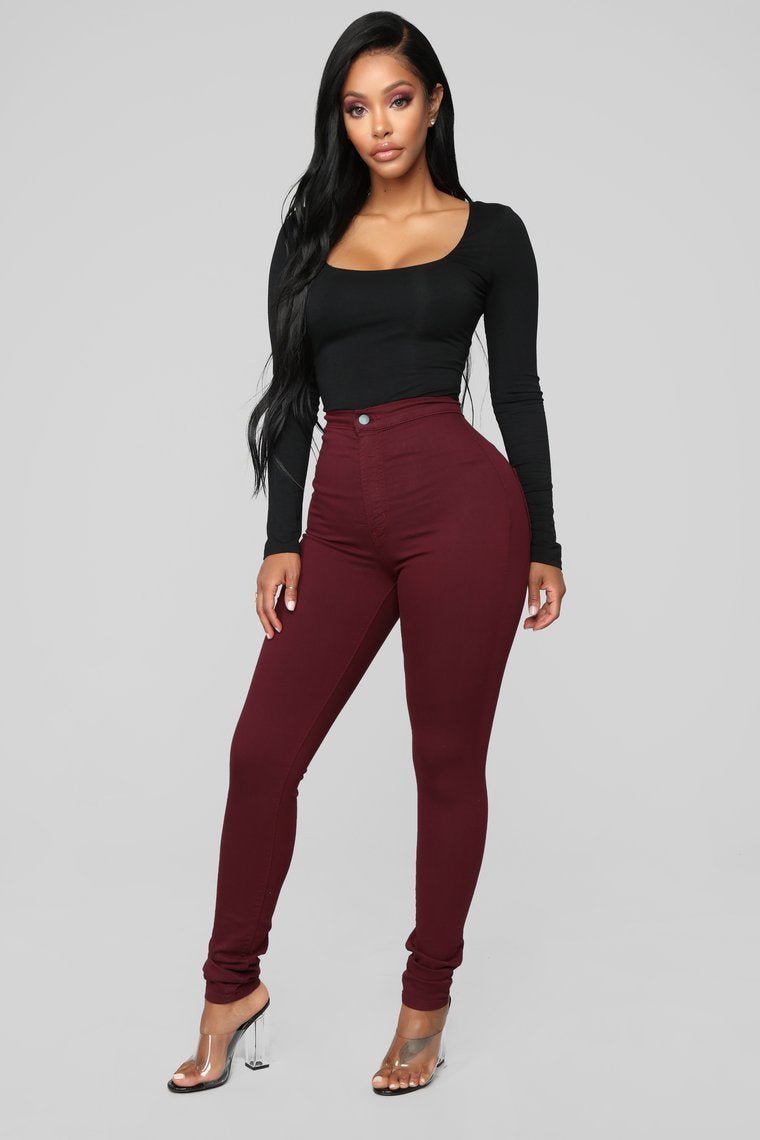Super High Waist Denim Skinnies - Burgundy - jameswhite001