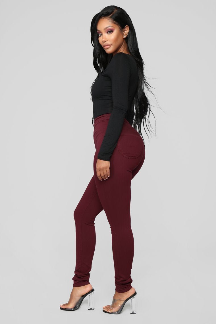 Super High Waist Denim Skinnies - Burgundy - jameswhite001