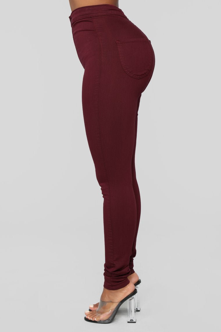 Super High Waist Denim Skinnies - Burgundy - jameswhite001
