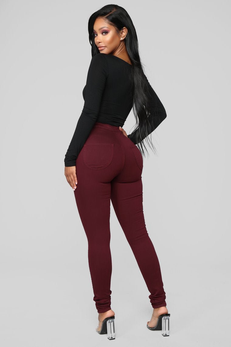 Super High Waist Denim Skinnies - Burgundy - jameswhite001