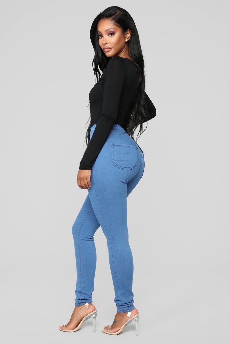 Super High Waist Denim Skinnies - Medium Blue - jameswhite001