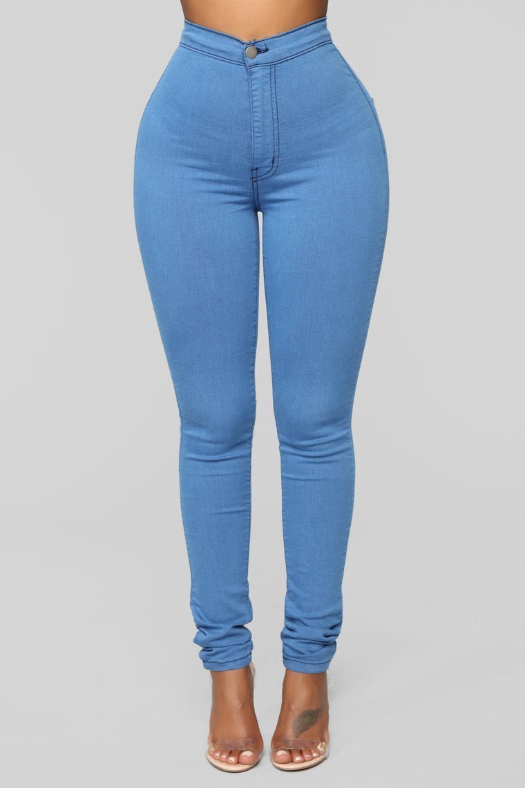 Super High Waist Denim Skinnies - Medium Blue - jameswhite001