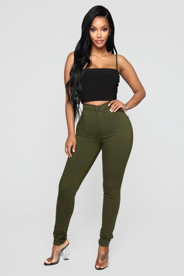 Super High Waist Denim Skinnies - Olive - jameswhite001