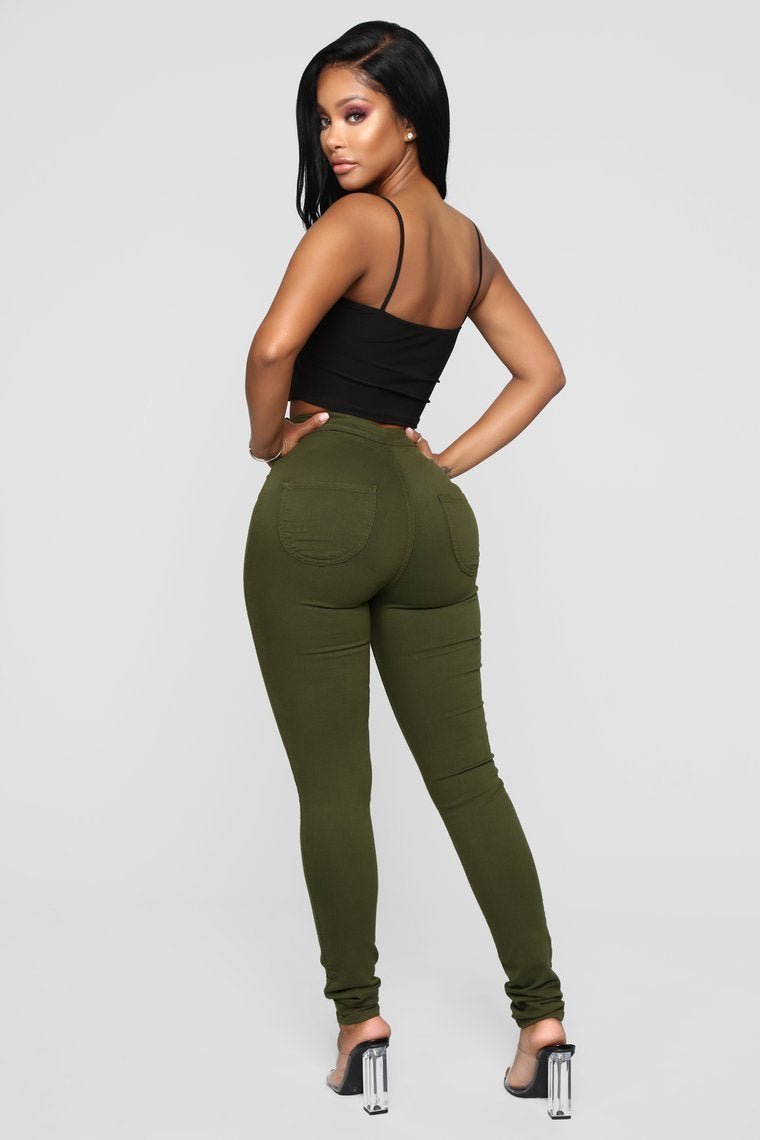 Super High Waist Denim Skinnies - Olive - jameswhite001