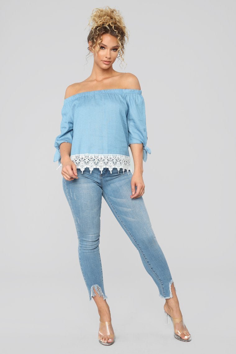 Tell Me More Off Shoulder Top - Denim - jameswhite001