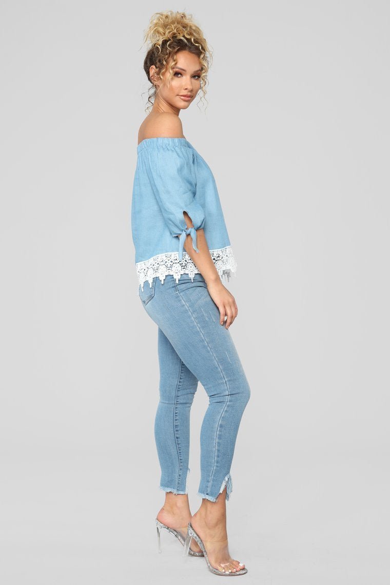 Tell Me More Off Shoulder Top - Denim - jameswhite001