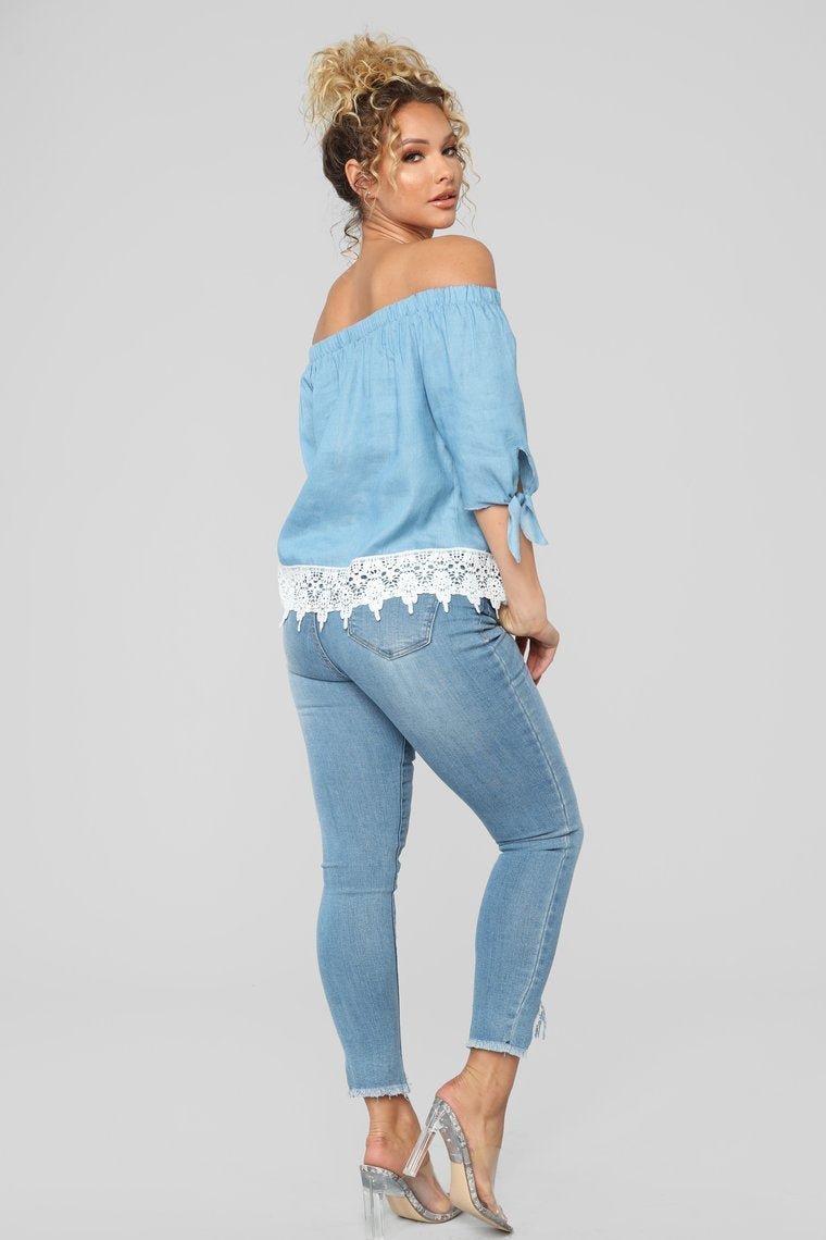 Tell Me More Off Shoulder Top - Denim - jameswhite001