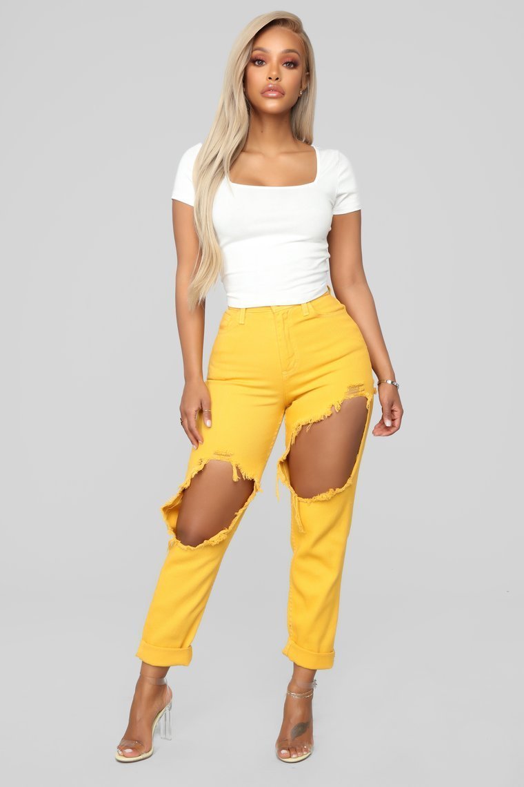 Time To Burn Distressed Boyfriend Jeans - Mustard - jameswhite001