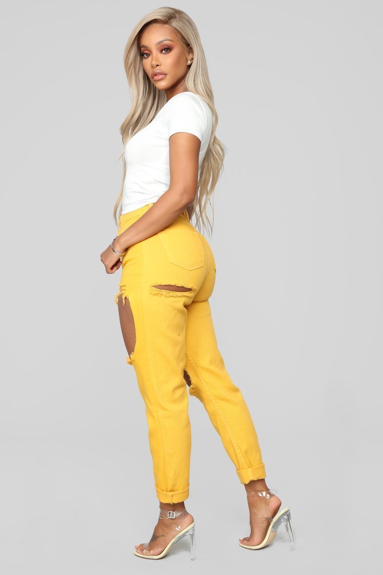 Time To Burn Distressed Boyfriend Jeans - Mustard - jameswhite001