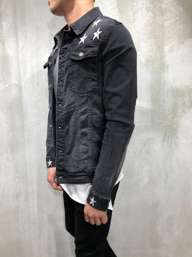 TRUCKER DENIM JACKET RIPPED STAR EMBROIDERY 3988 - jameswhite001