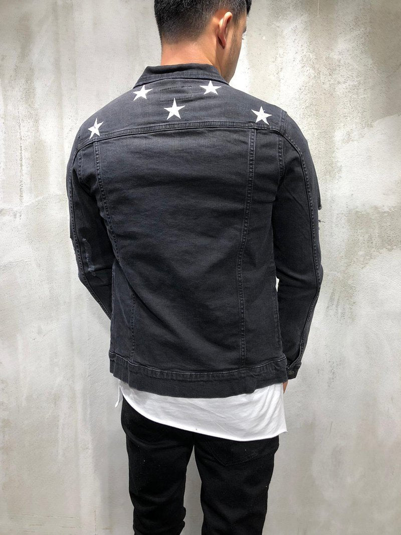 TRUCKER DENIM JACKET RIPPED STAR EMBROIDERY 3988 - jameswhite001