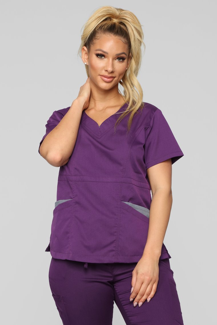Vital Signs Fitted Scrub Set - Eggplant/Grey - jameswhite001