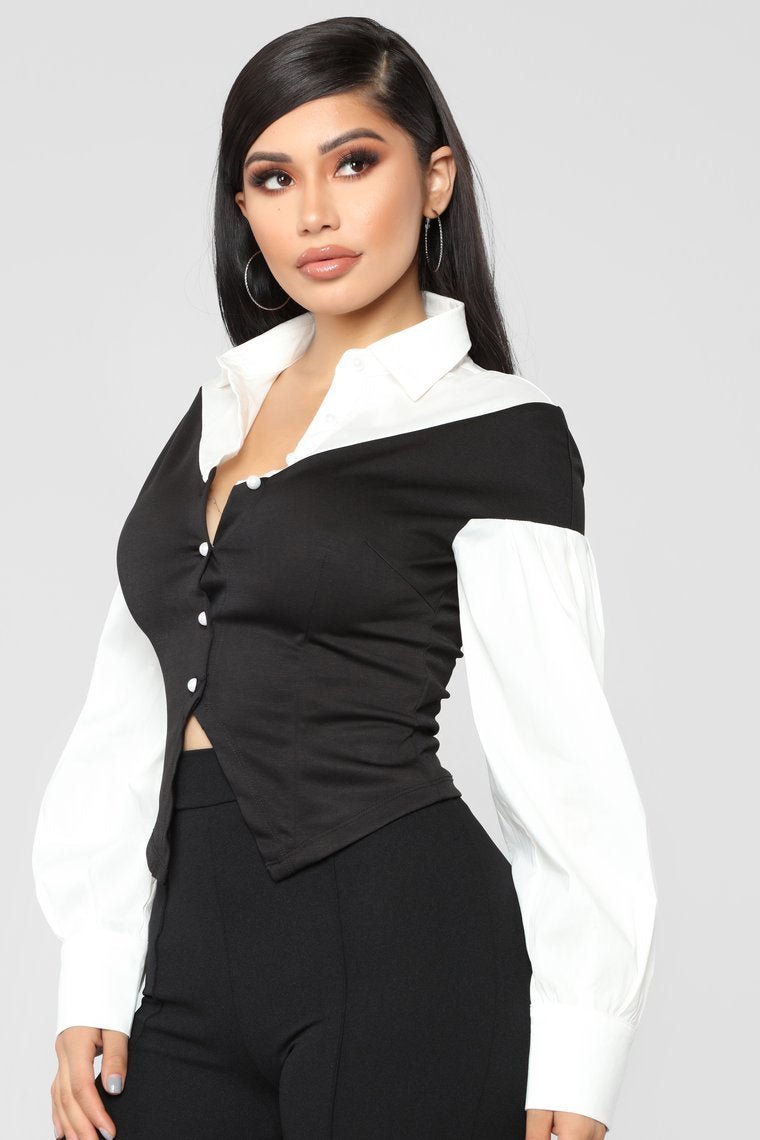 Workin' Bae Pearl Button Top - Black/White - jameswhite001