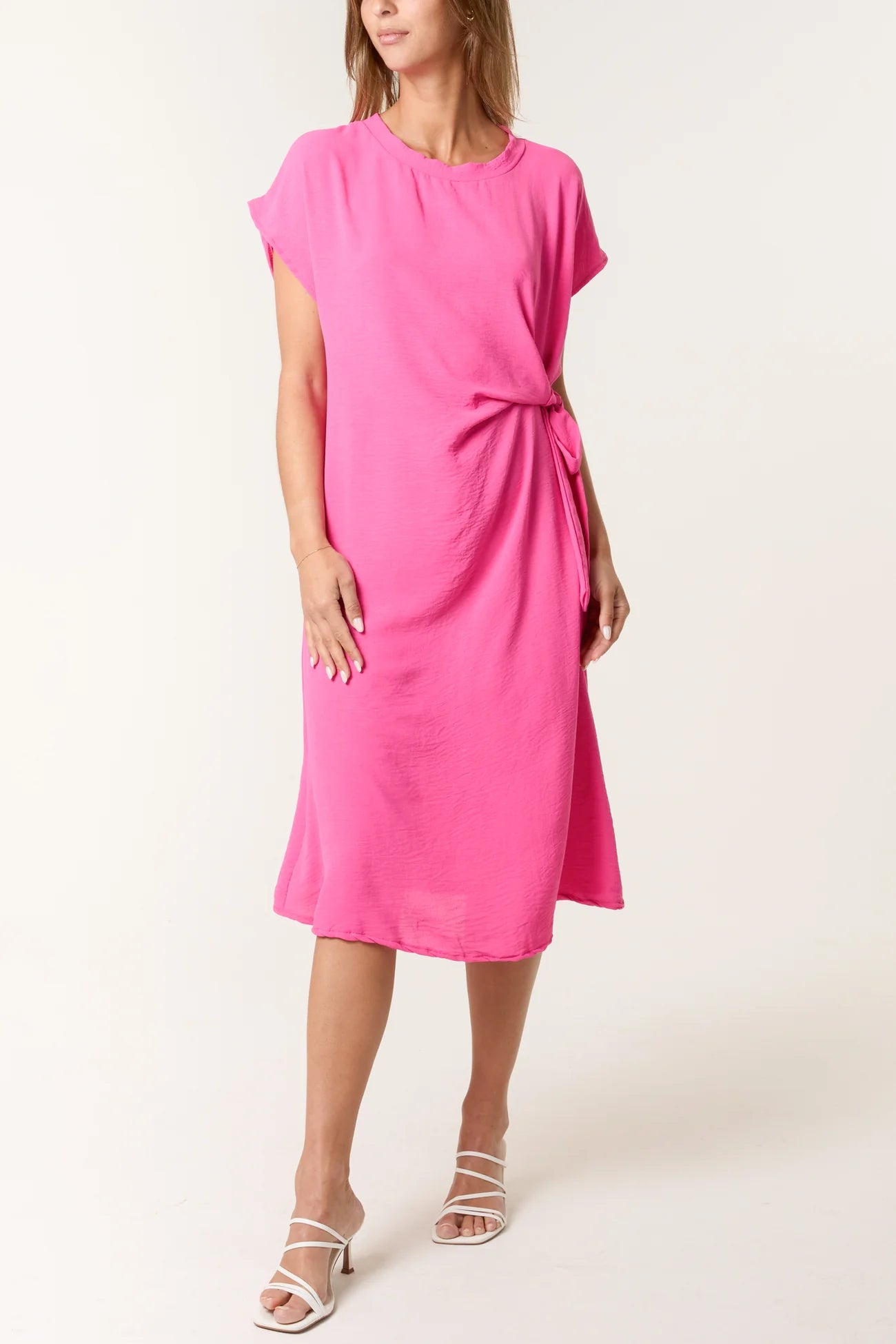Short Sleeve Tie Front Midi Dress - jameswhite001