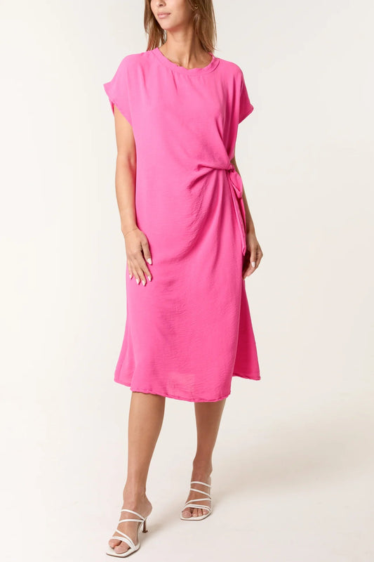 Short Sleeve Tie Front Midi Dress - jameswhite001