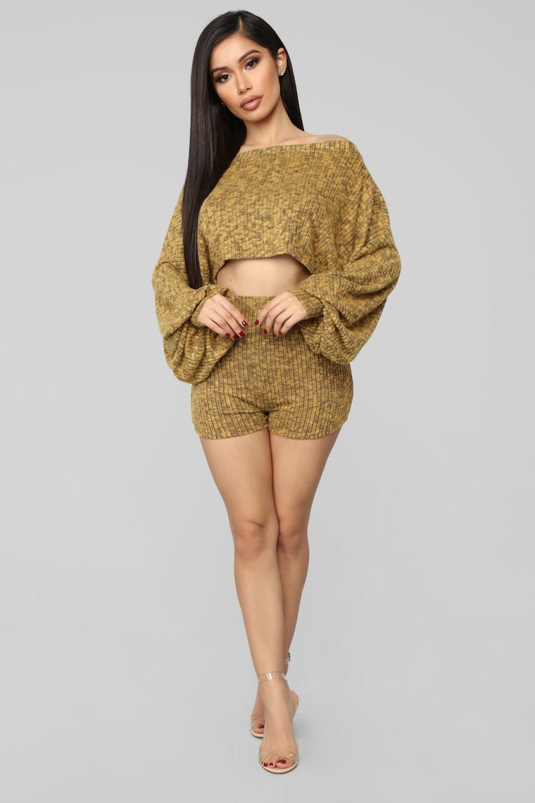 Ask Heather Ribbed Short Set - Mustard - jameswhite001