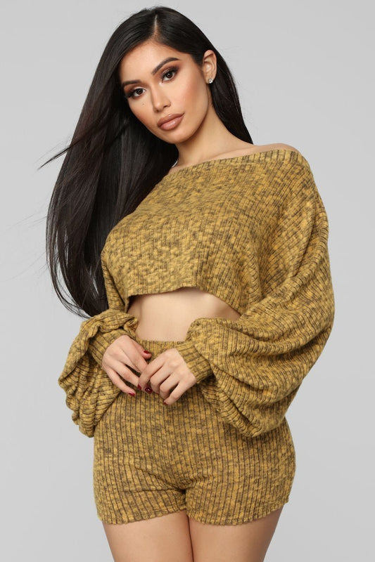 Ask Heather Ribbed Short Set - Mustard - jameswhite001