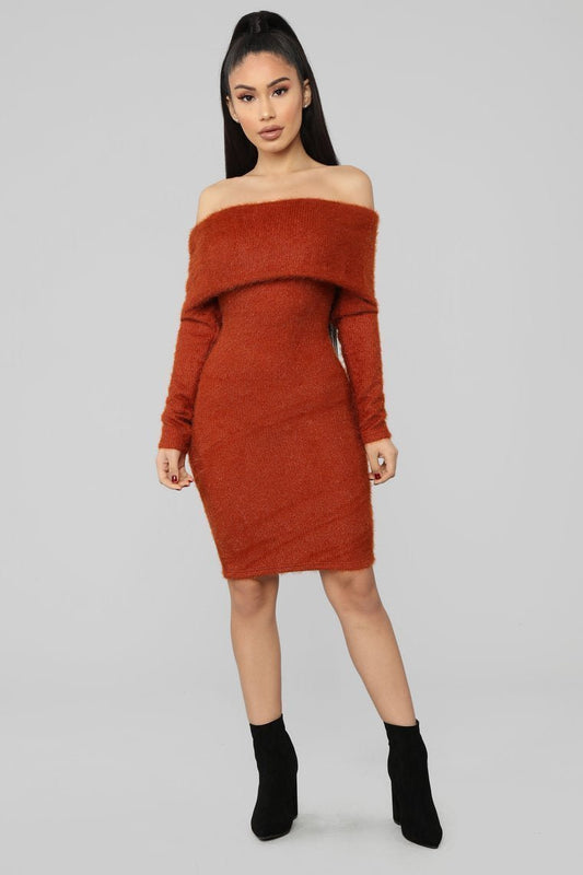Bear Hugs Sweater Midi Dress - Rust - jameswhite001