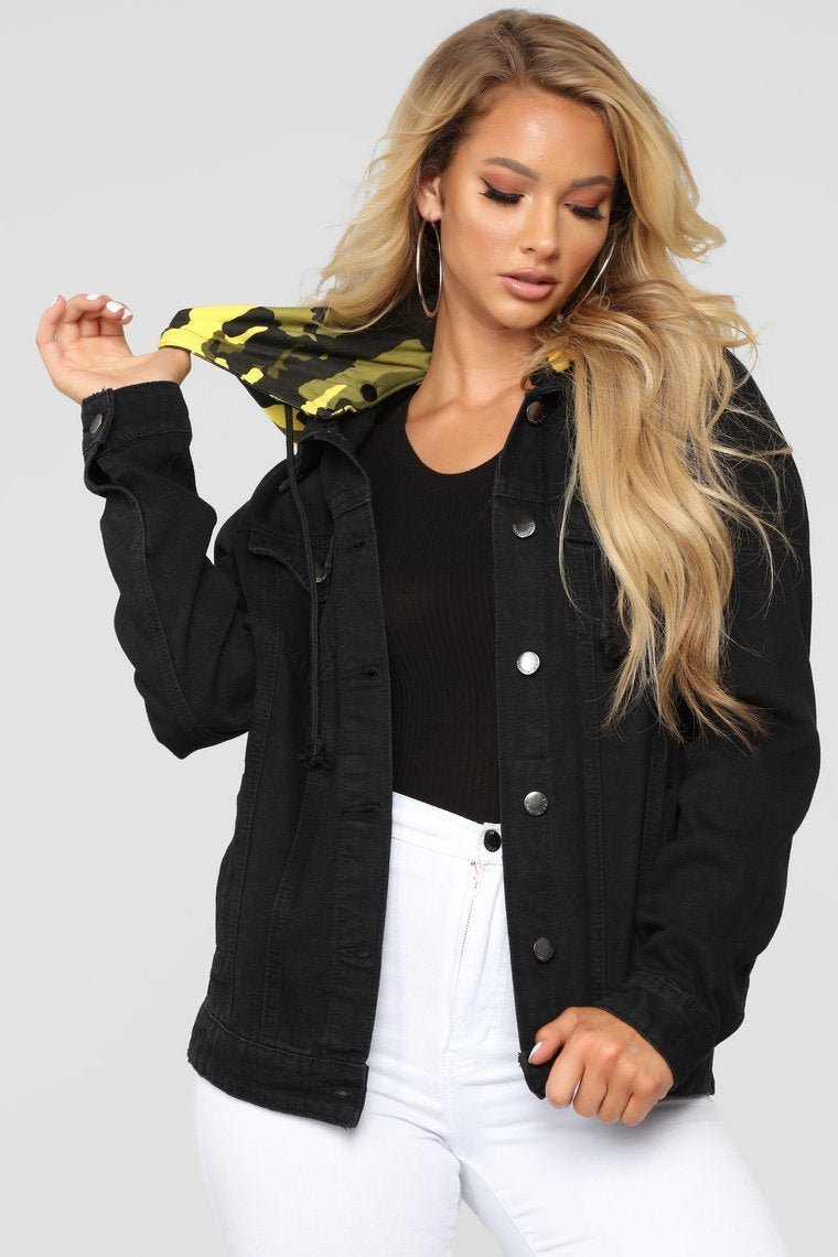 Camo Around Hooded Denim Jacket - Black/Yellow Camo - jameswhite001