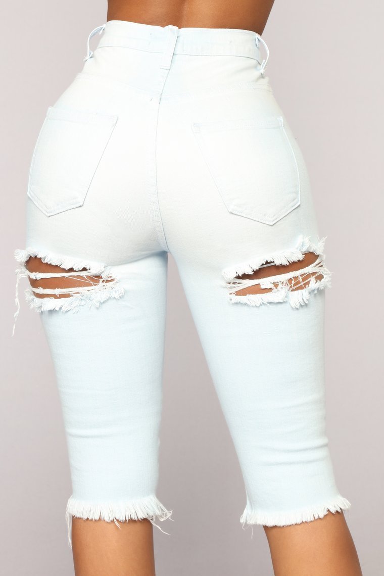 Check You Out Distressed High Rise Shorts - Light Blue Wash - jameswhite001