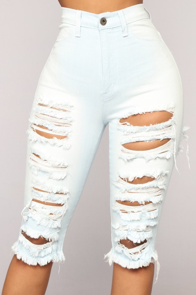 Check You Out Distressed High Rise Shorts - Light Blue Wash - jameswhite001