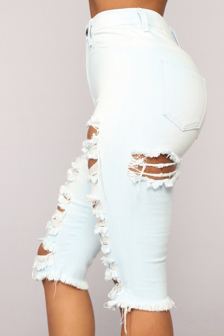 Check You Out Distressed High Rise Shorts - Light Blue Wash - jameswhite001