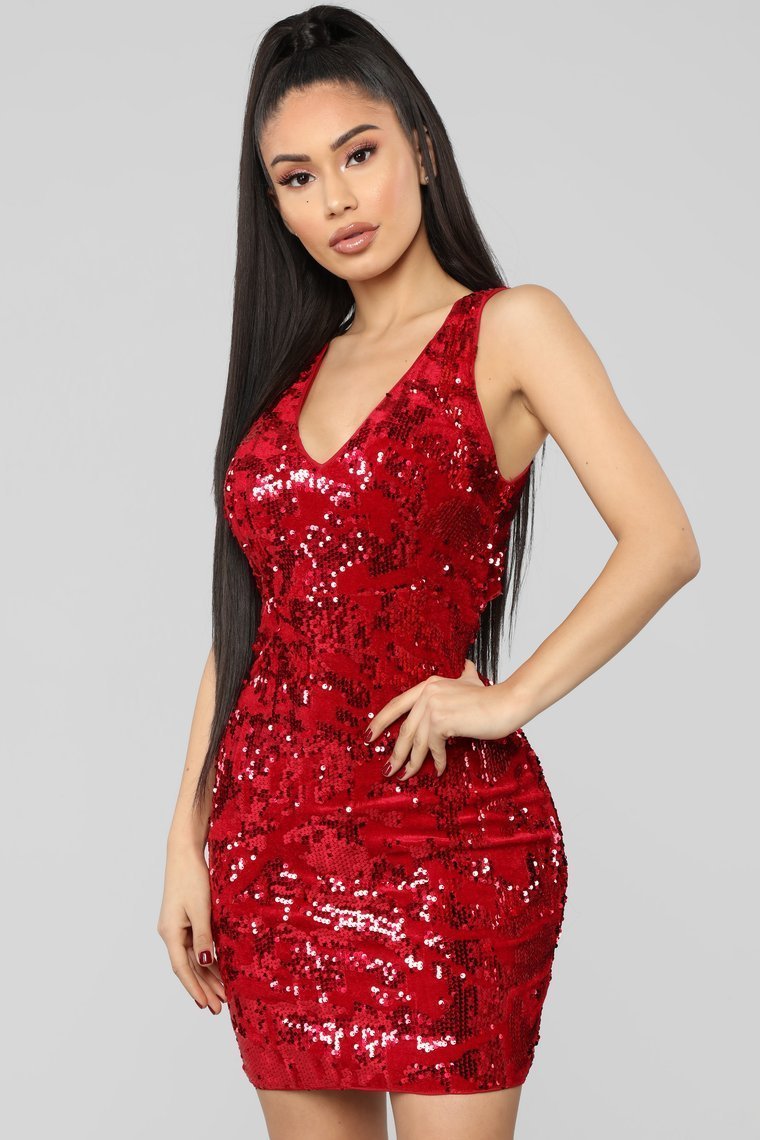 Countdown Sequin Velvet Dress - Red - jameswhite001