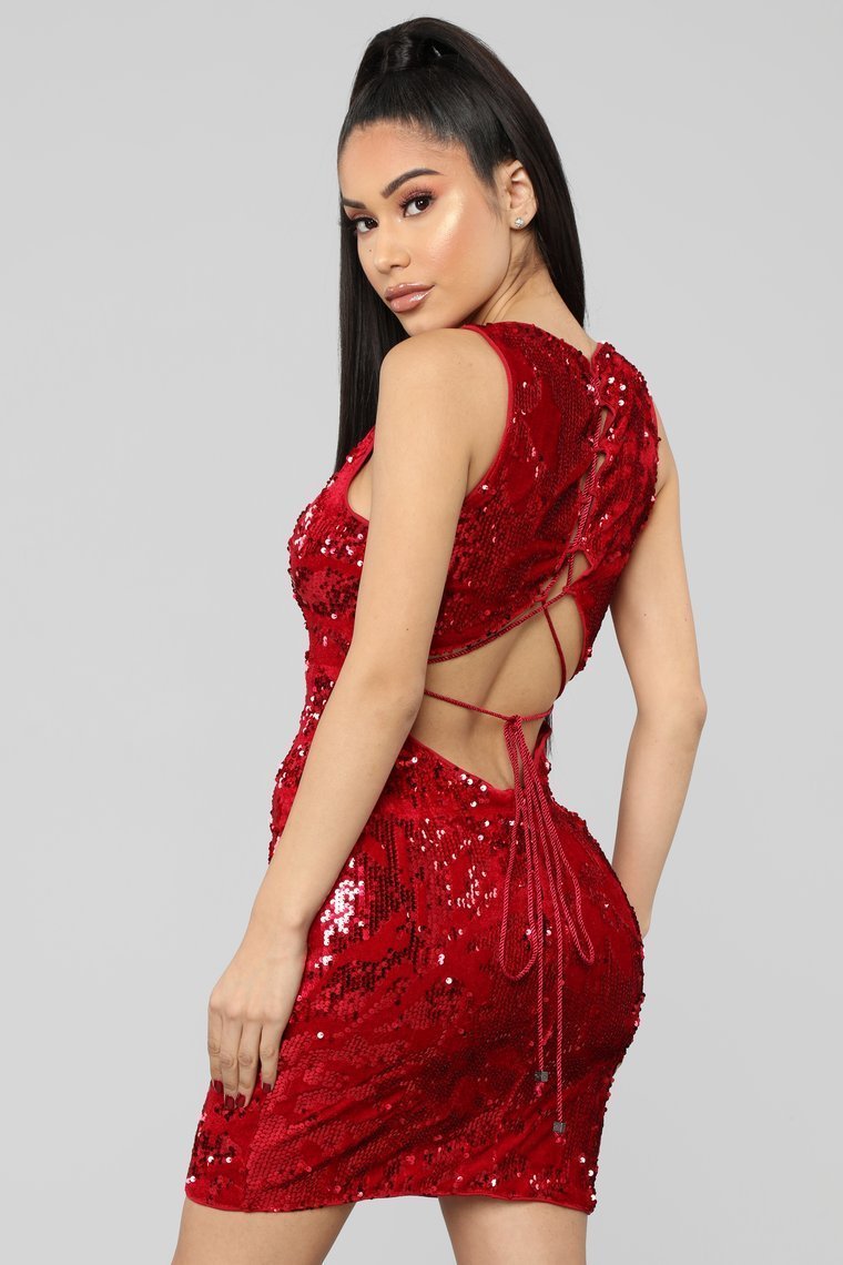 Countdown Sequin Velvet Dress - Red - jameswhite001