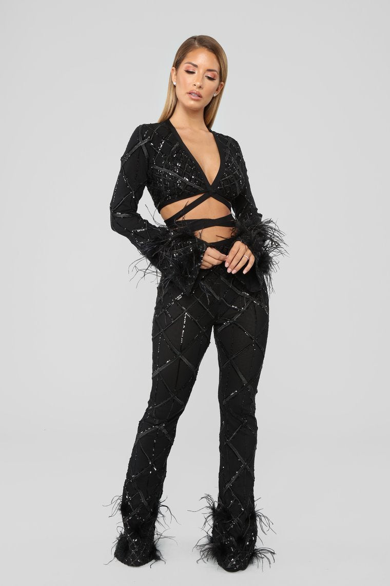 Dance With Me Sequin Pant Set - Black - jameswhite001