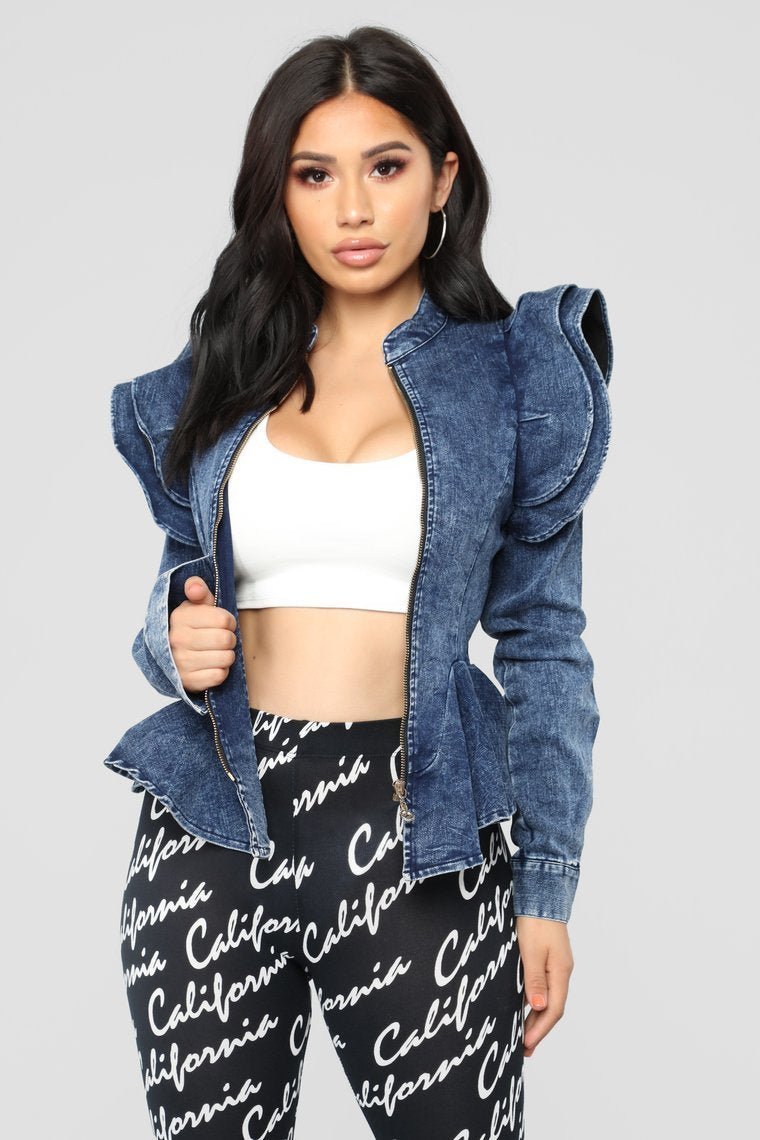 Denim Queen Peplum Jacket - Medium Blue Wash - jameswhite001