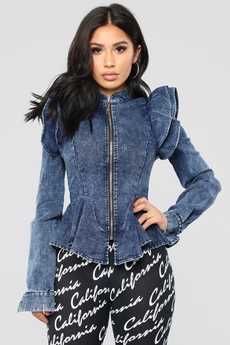 Denim Queen Peplum Jacket - Medium Blue Wash - jameswhite001