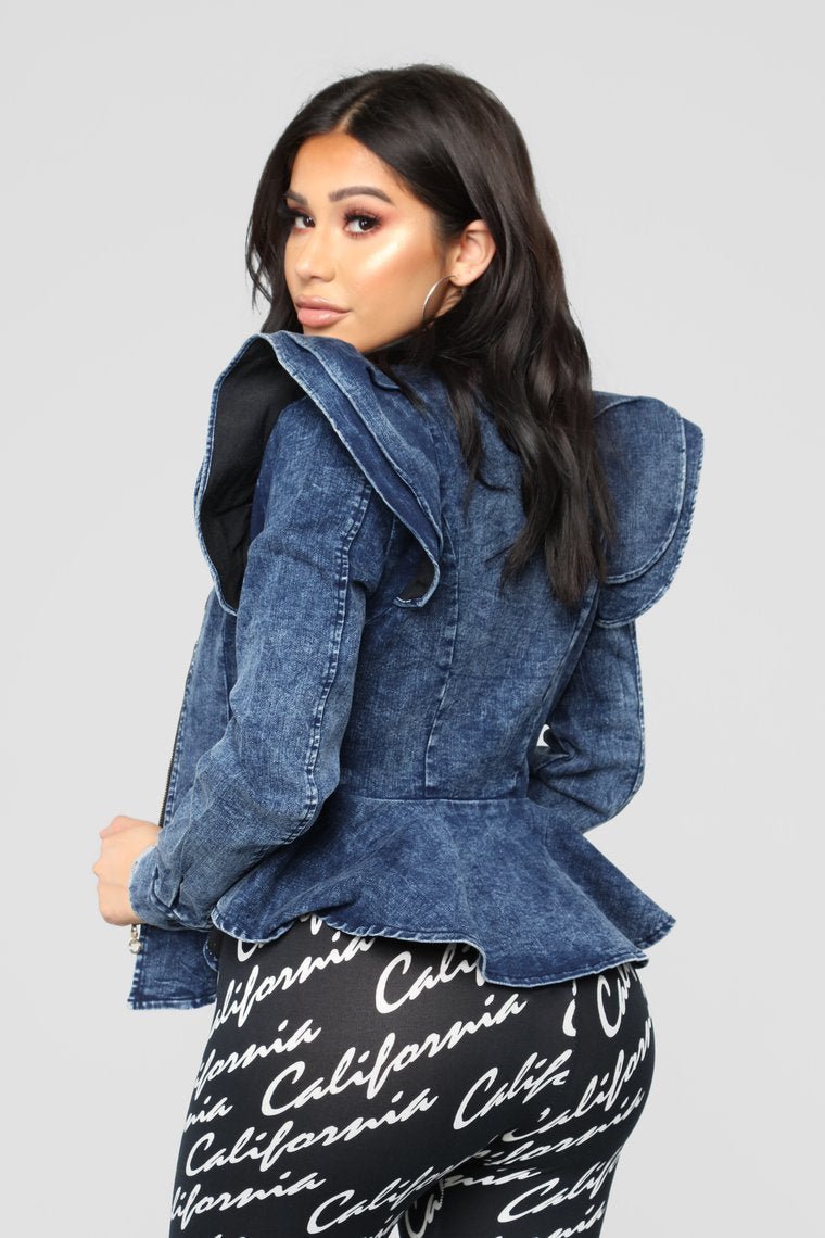 Denim Queen Peplum Jacket - Medium Blue Wash - jameswhite001