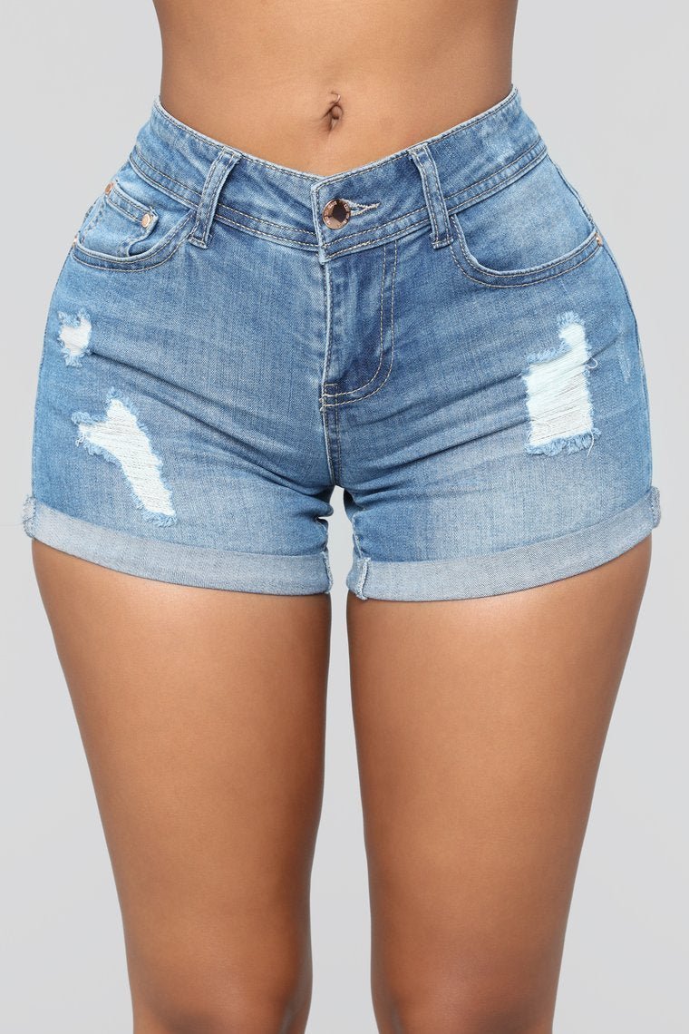 Don't Hesitate Distressed Shorts - Medium Blue Wash - jameswhite001