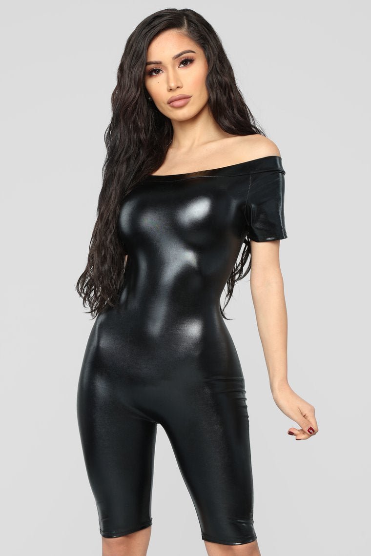 Fake Them Out PU Biker Romper - Black - jameswhite001