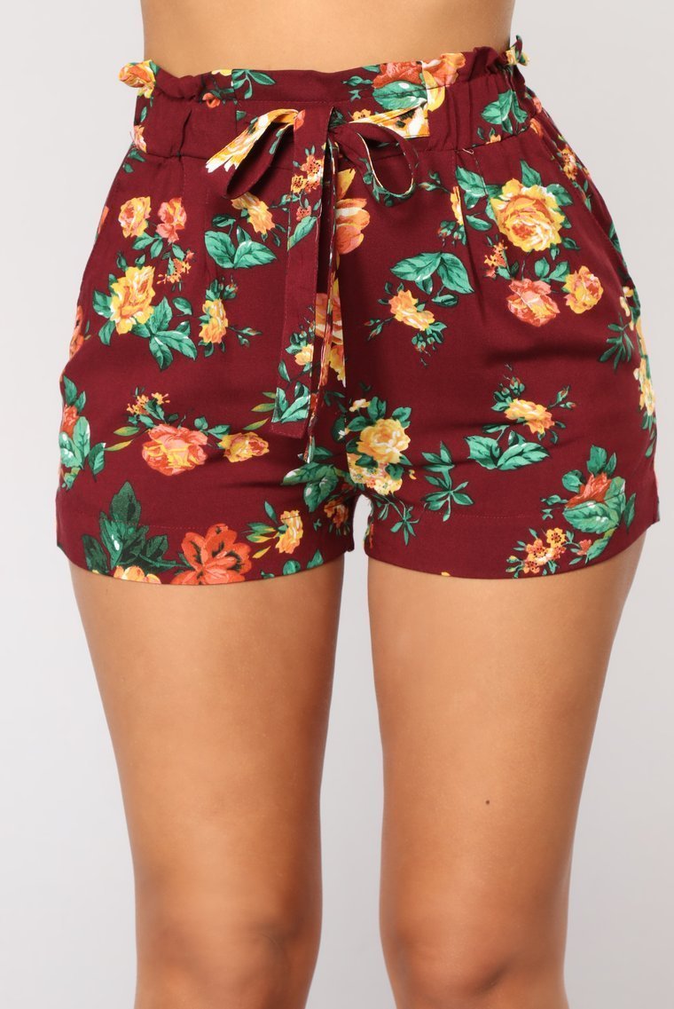 Flower Power Tie Waist Shorts - Burgundy - jameswhite001