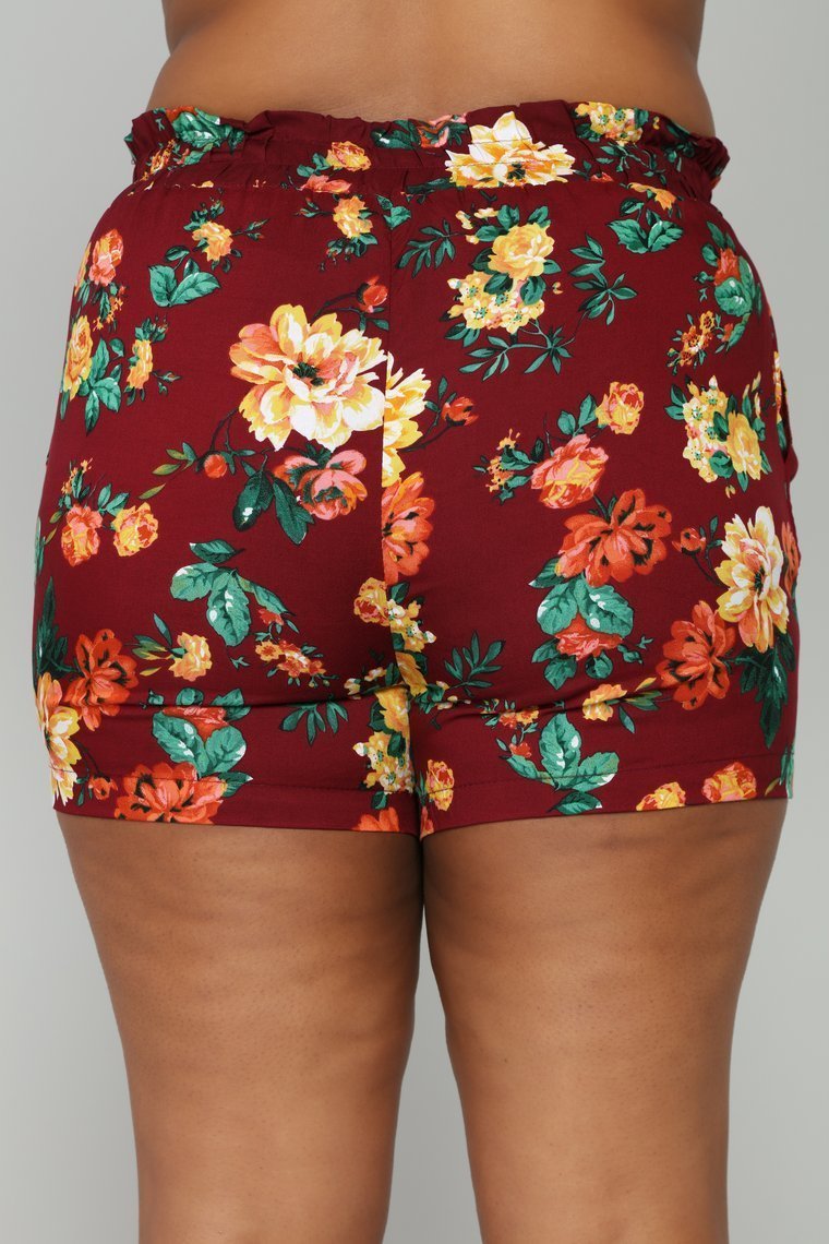 Flower Power Tie Waist Shorts - Burgundy - jameswhite001