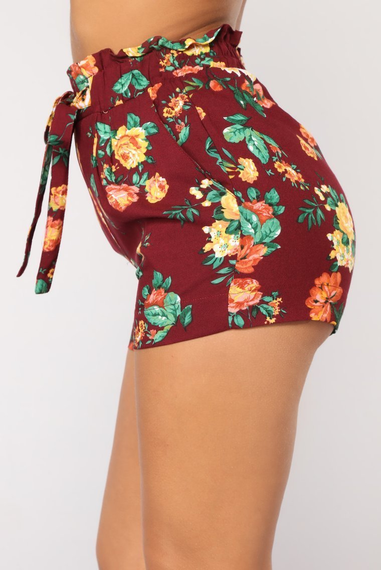 Flower Power Tie Waist Shorts - Burgundy - jameswhite001