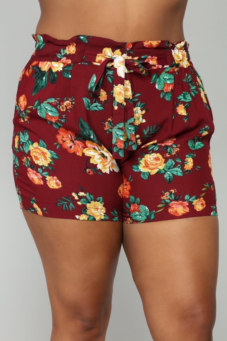 Flower Power Tie Waist Shorts - Burgundy - jameswhite001