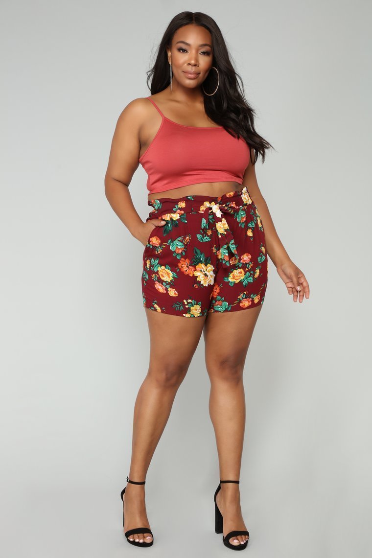 Flower Power Tie Waist Shorts - Burgundy - jameswhite001