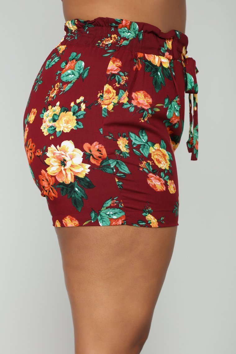 Flower Power Tie Waist Shorts - Burgundy - jameswhite001