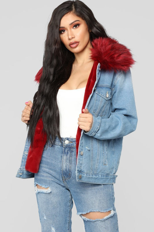 Foxy Fur Denim Jacket - Denim/Red - jameswhite001