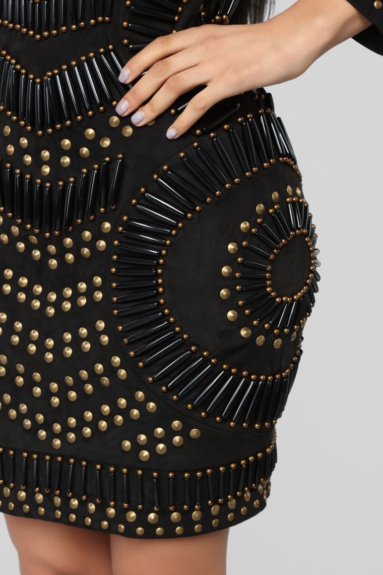 Going All Out Embellished Suede Dress - Black - jameswhite001