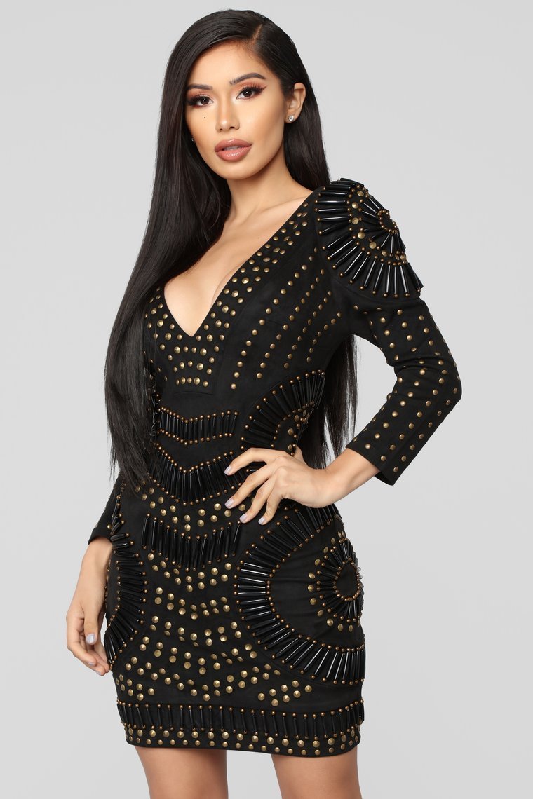 Going All Out Embellished Suede Dress - Black - jameswhite001